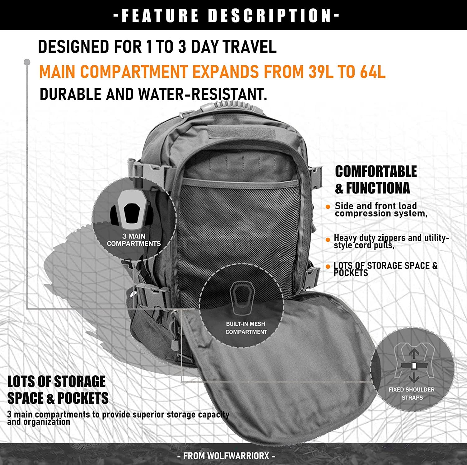 WolfWarriorX Men Backpacks Large Capacity Military Tactical Hiking Expandable 39L-60L Backpack - Image 4